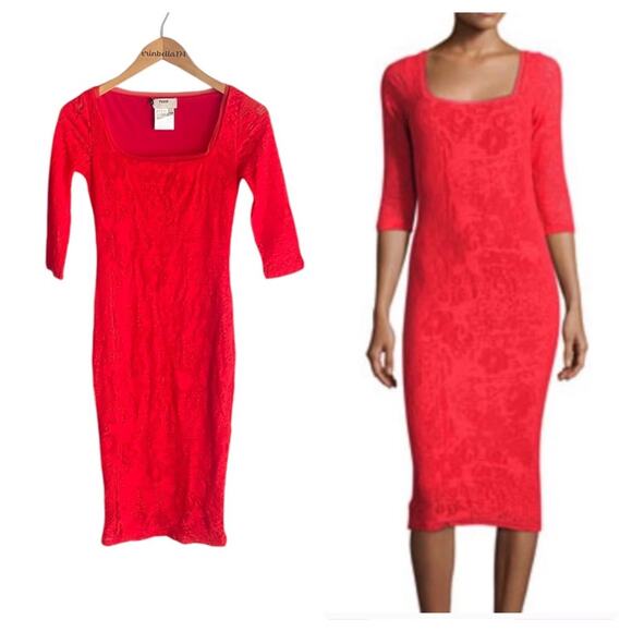 Fuzzi Dresses & Skirts - Fuzzi Tattoo Lace Fitted Square Neck Bodycon Dress